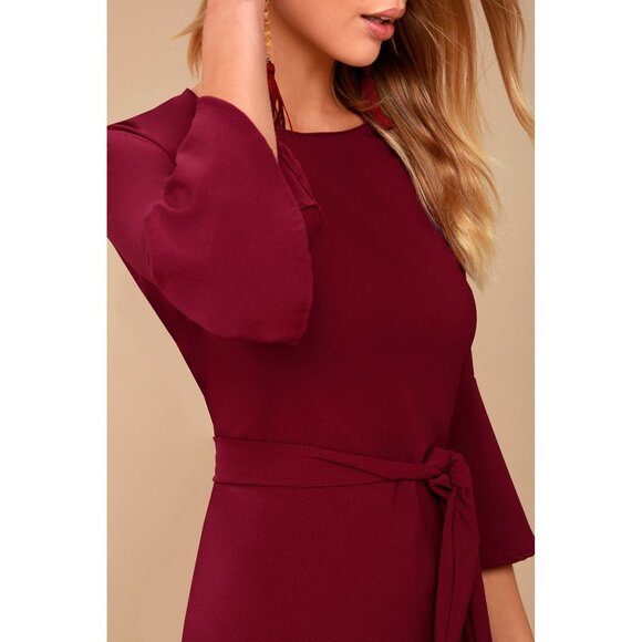 Lulus Womens Last Love Song Burgundy Tie Waist Dress Bell Sleeves size Small - Picture 4 of 14